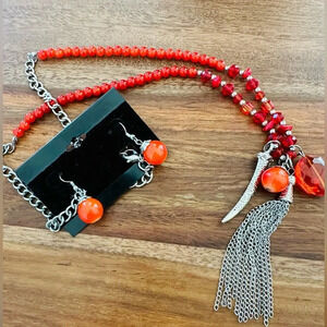 Vintage Red Glass beads Long sliver tooth and ball dangle earrings